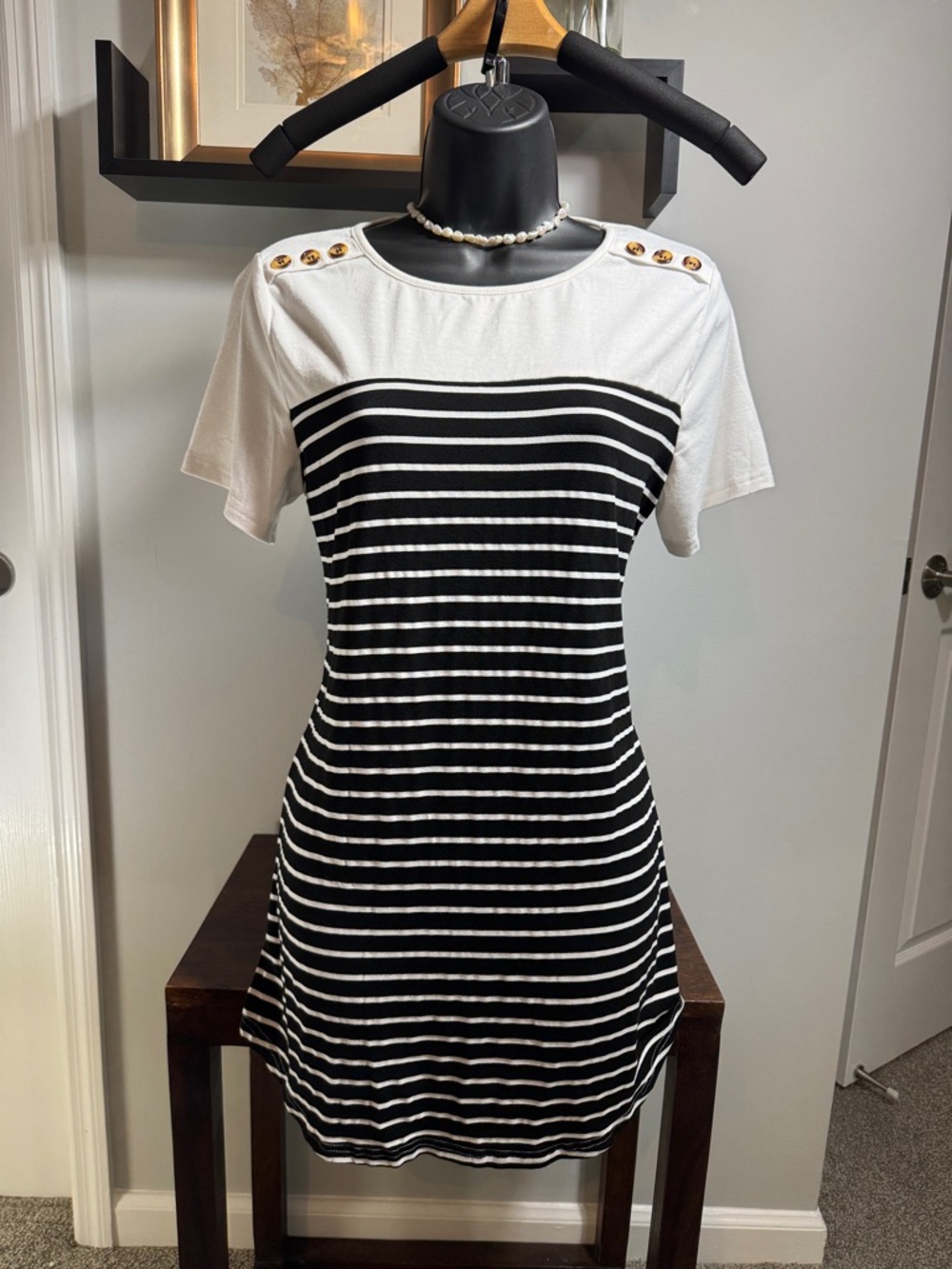 Black and White Striped Button Shoulder Tee Dress